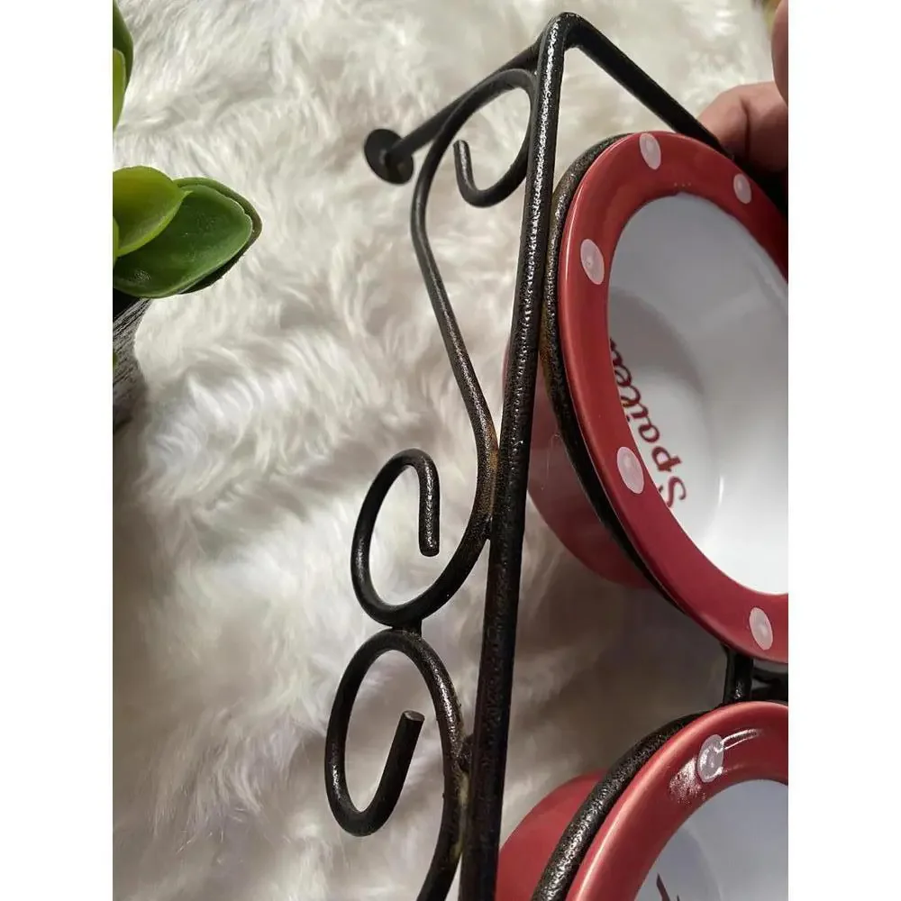 Double Ceramic Pet Bowls with Metal Stand - Red Polka Dot Design